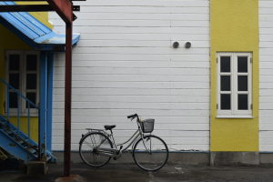 A bicycle outside a building