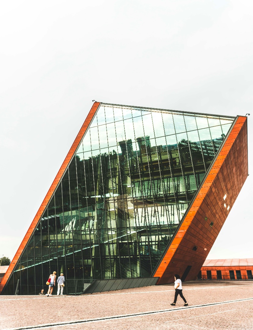 A modern building with a bold orange exterior