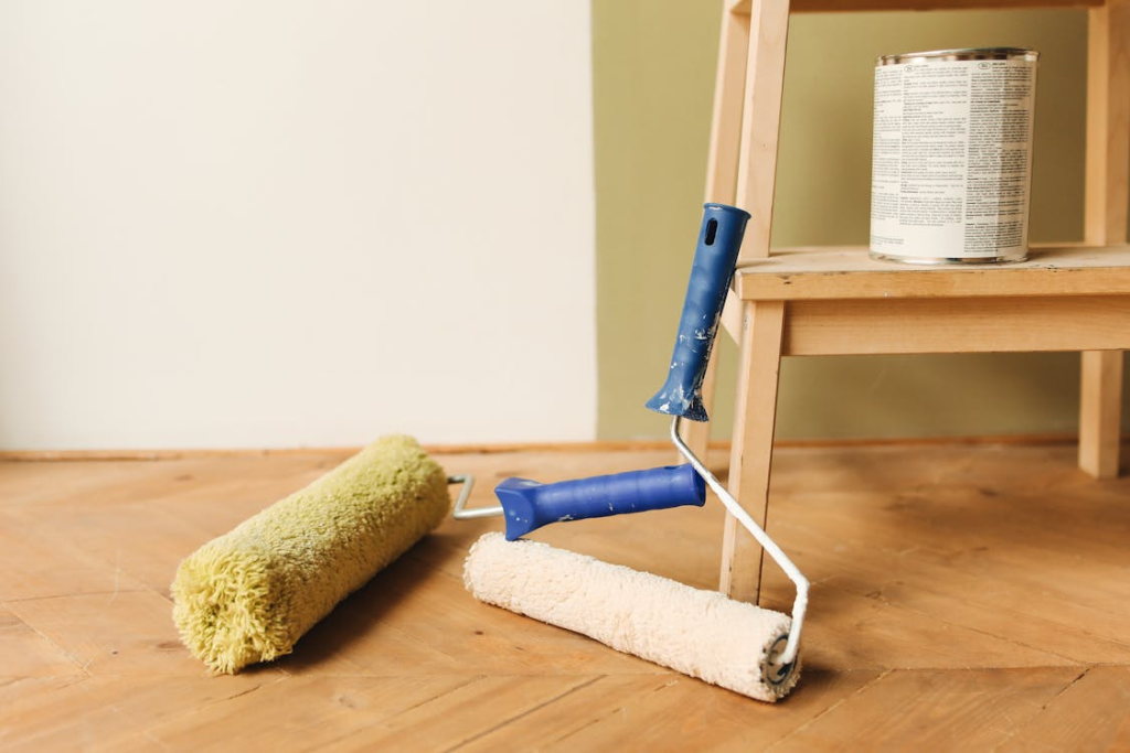 a floor with paint rollers.