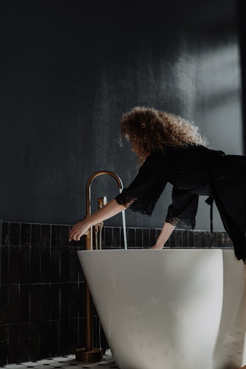 a bathroom with ambient lighting.