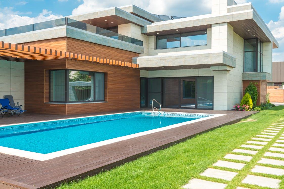 a modern house with a pool.