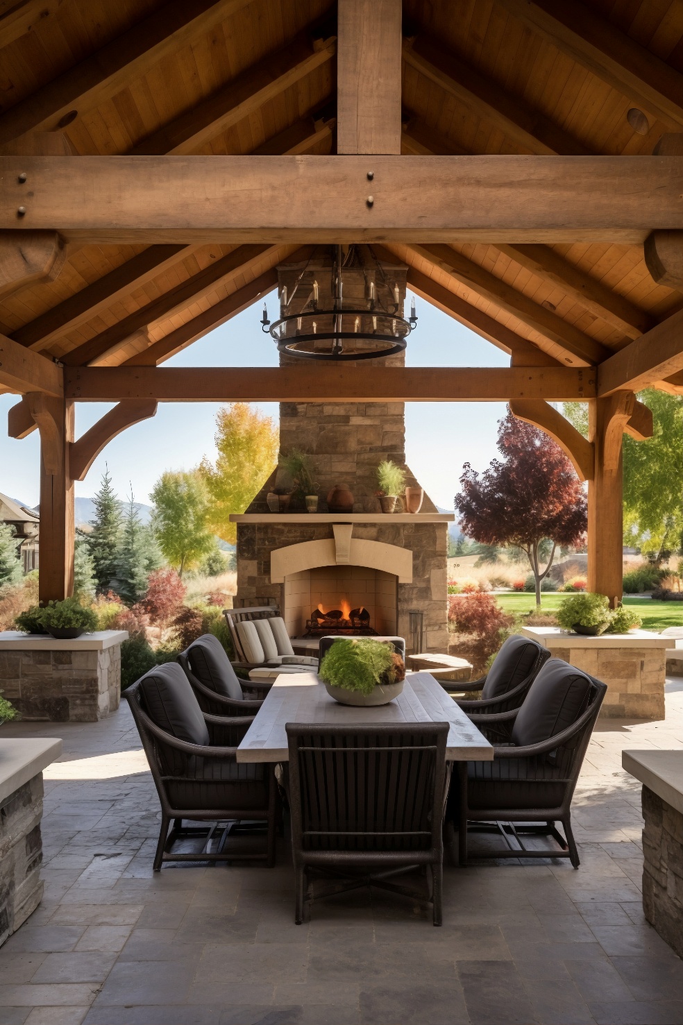 an outdoor fireplace and a chandelier.