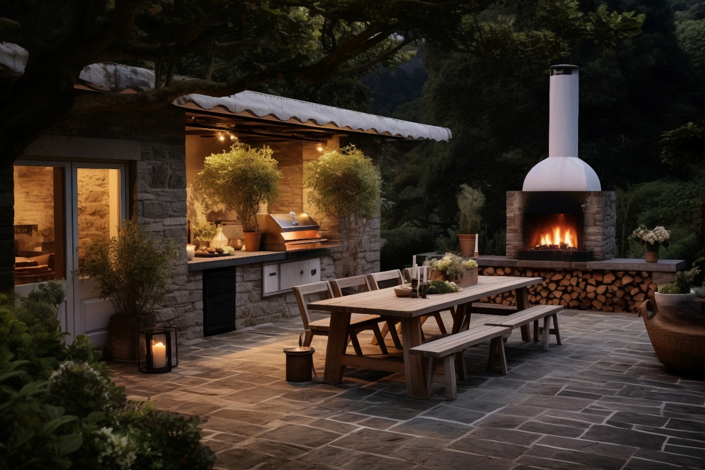 outdoor kitchen space with wooden furnishings.