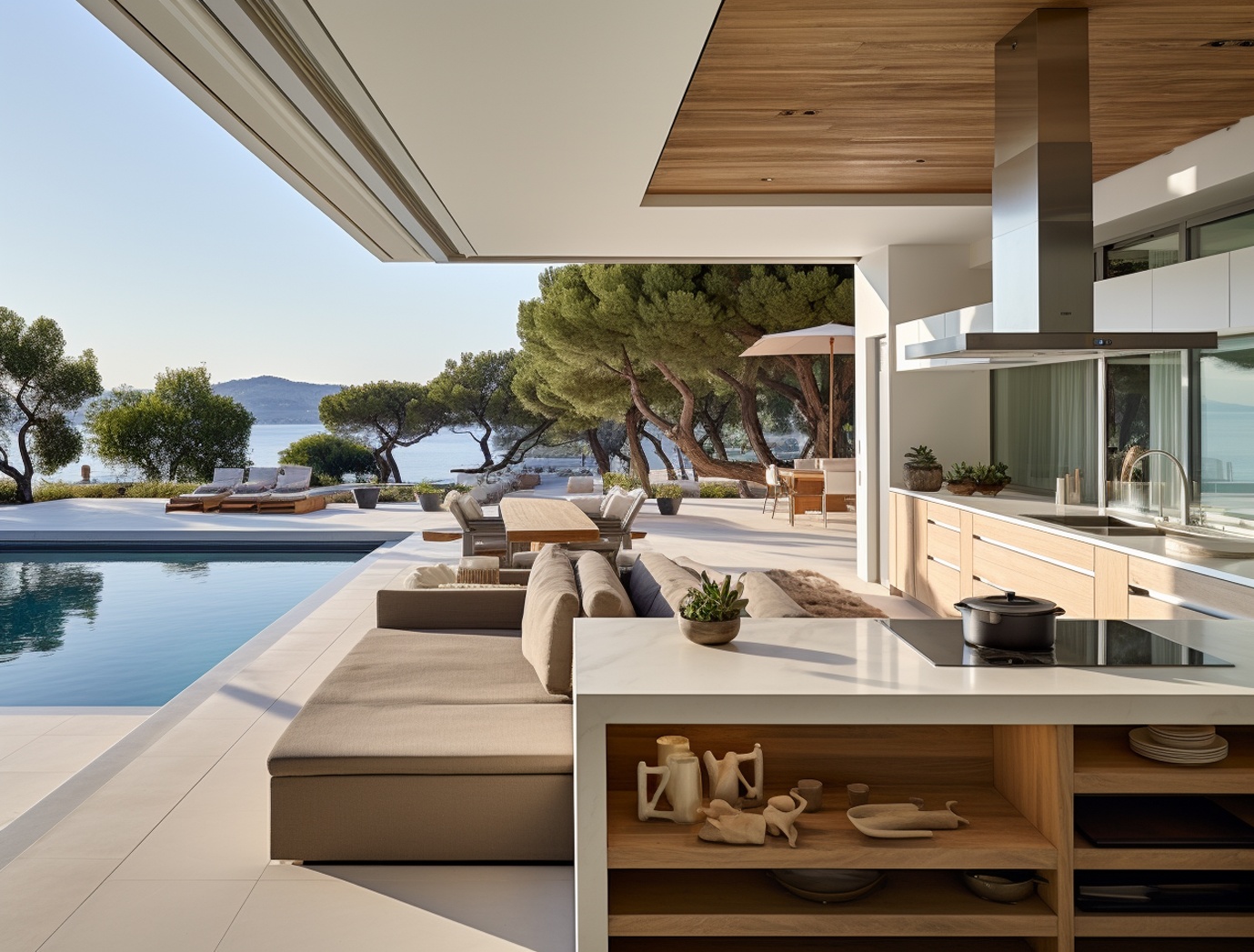 an outdoor kitchen with a pool.