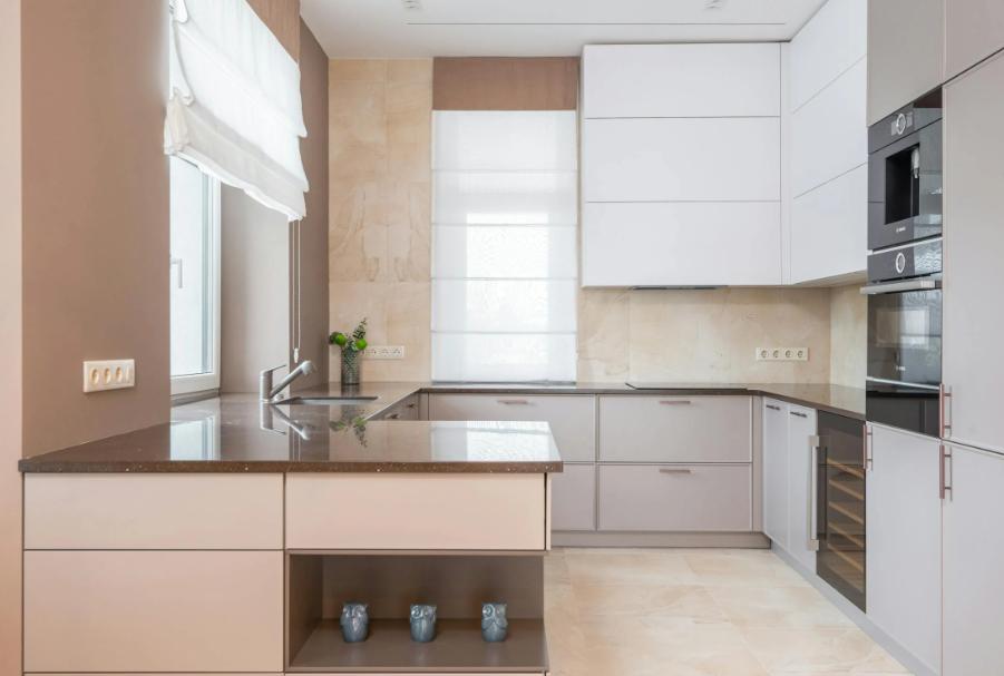 A kitchen painted in warm tones.
