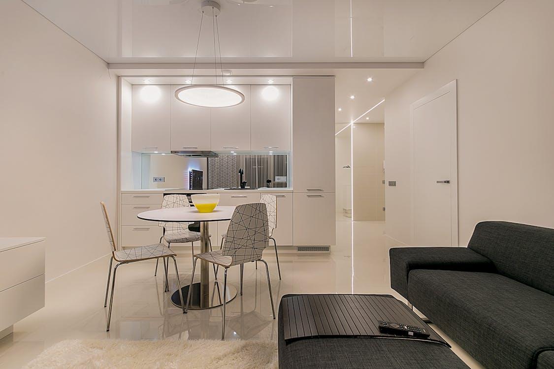 a living space with white walls.